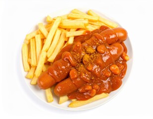 Classic German Currywurst with Golden Fries Drenched in Savory Curry Ketchup and Spices.