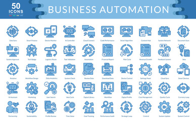 Business Automation icon set blue style collection. Containing data sync ,partnership, control, automation, idea, rotation, cloud sync, AI assistant, marketing, workflow