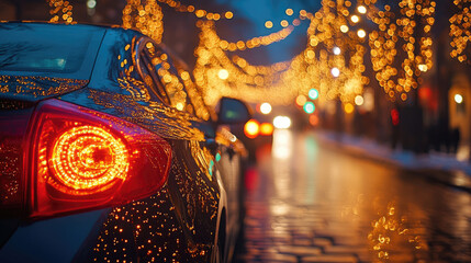 Car decorated with glowing Christmas lights moves along snowy street at night, festive holiday atmosphere and mood of winter festival in open air of city