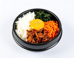 Classic Korean Bibimbap A Colorful Medley of Rice Beef Vegetables and a Golden Egg Yolk in a Black Bowl.