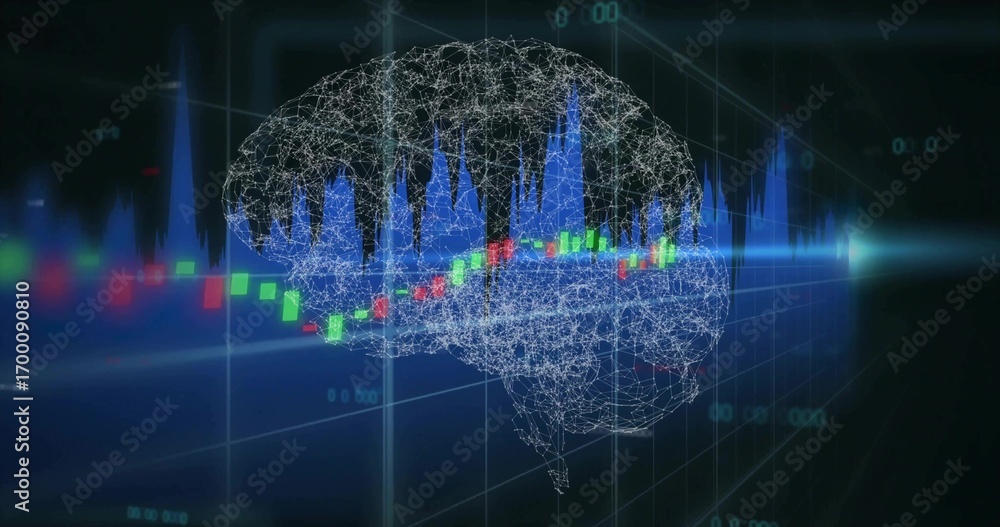 Aufkleber floating wireframe brain mesh showing multicolor candlesticks and blue histogram in 3d data grid