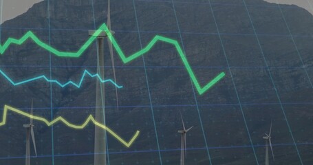 Displaying wind turbine at mountain ridge, showing grid overlay and green light-blue yellow graphs