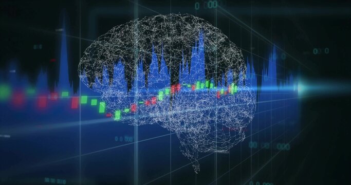 Floating wireframe brain mesh showing multicolor candlesticks and blue histogram in 3D data grid - Powered by Adobe
