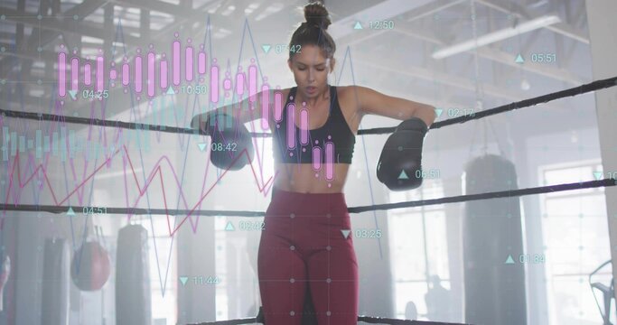 Leaning boxer wearing black sports bra, leggings, breathing in boxing ring with gloves data overlay - Powered by Adobe