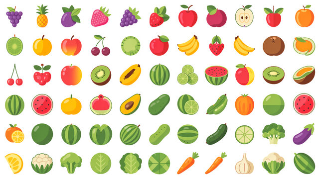 A flat lay illustration of 80 fruits and vegetables arranged in a 10x8 grid on a white background.