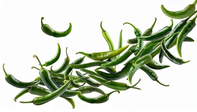 flying falling green chili peppers isolated on transparent or white background