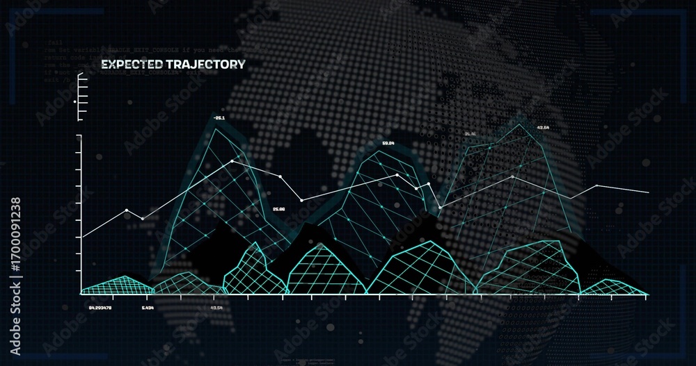 Aufkleber displaying layered 3d mesh area chart and white line graph in virtual analytics dashboard