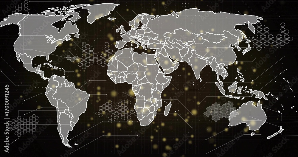 Aufkleber displaying digital world map on dark grid overlay with gold points and hexagonal clusters