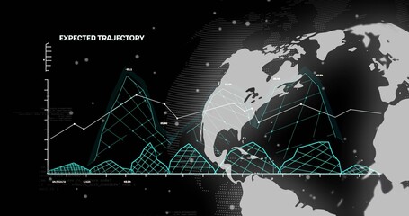 Displaying EXPECTED TRAJECTORY chart in dashboard with mesh peaks, dots, Americas map, copy space