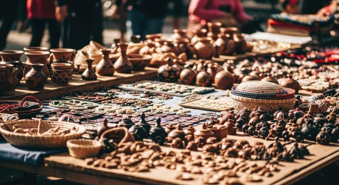 Handmade traditional pottery and craft items displayed for sale at an outdoor market stall in sunlight, showcasing cultural artistry.