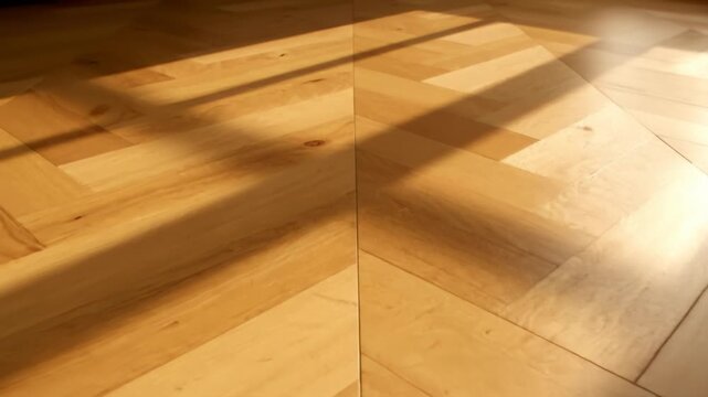 Herringbone wood parquet tiles with sunlit window frame shadows