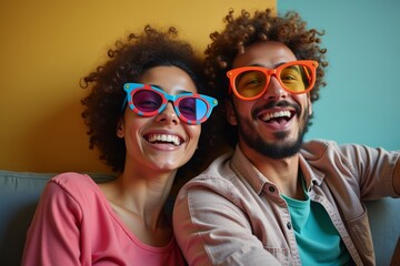 Stylish couple rocking bright eye glasses while lounging on a couch.