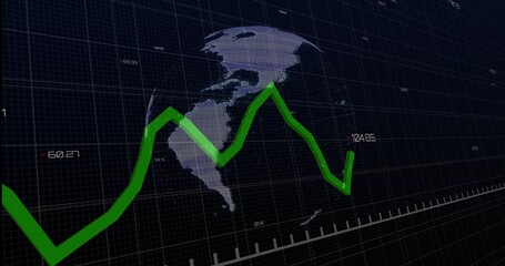 Presenting green zigzag line graph with numeric labels on semi-transparent globe over grid overlay
