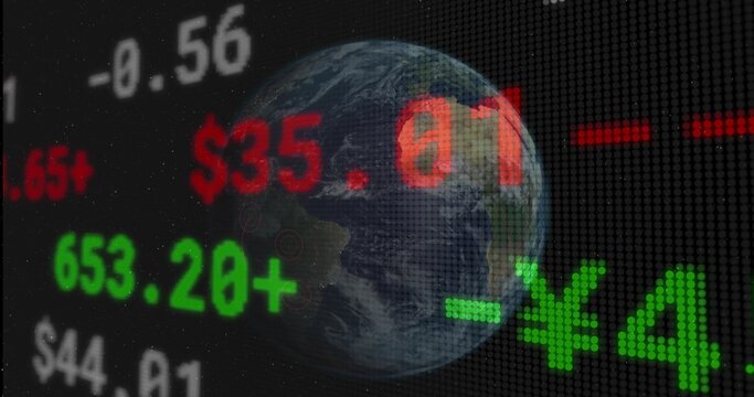 Naklejki Displaying Earth globe over dotted grid with ticker showing red figures and green currency symbols