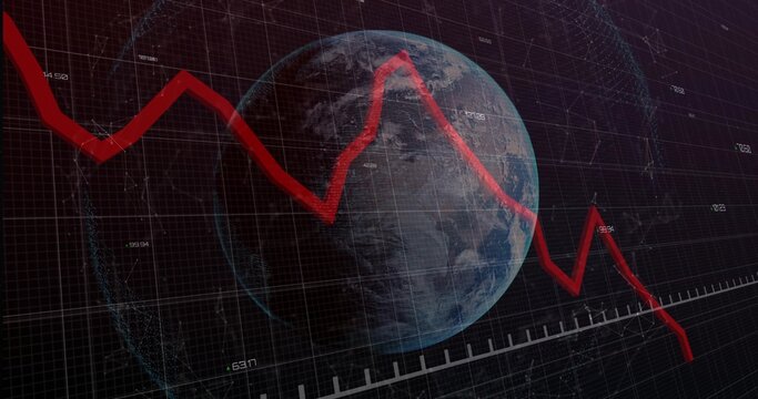 Naklejki Displaying earth globe hovering at grid center with declining red line graph and numeric labels