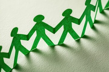 A vibrant chain of green paper figures holding hands, symbolizing unity and collaboration.
