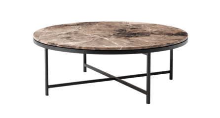 Circular coffee table with a stone top and black metal base