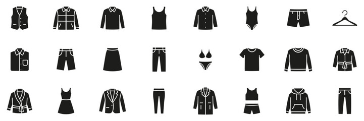 Clothing And Apparel Silhouette Set. Fashion And Wardrobe Icon Collection. Retail And Design Use. Isolated Vector Illustration