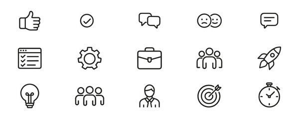 Business And Productivity Icon Set. Communication, Teamwork, And Goal Achievement Outline Symbol Collection. Isolated Vector Illustration