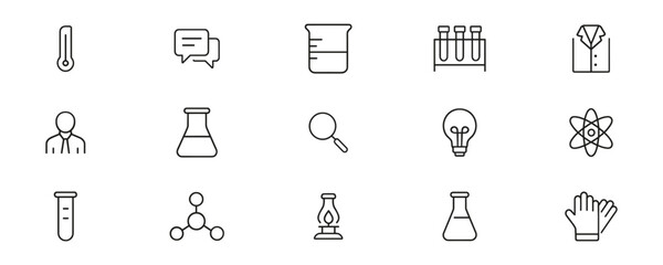 Fototapeta premium Science And Laboratory Equipment Line Icon Set. Chemistry, Research, And Experimentation Outline Symbol Collection. Includes Beaker, Test Tubes, Lab Coat Icons. Isolated Vector Illustration