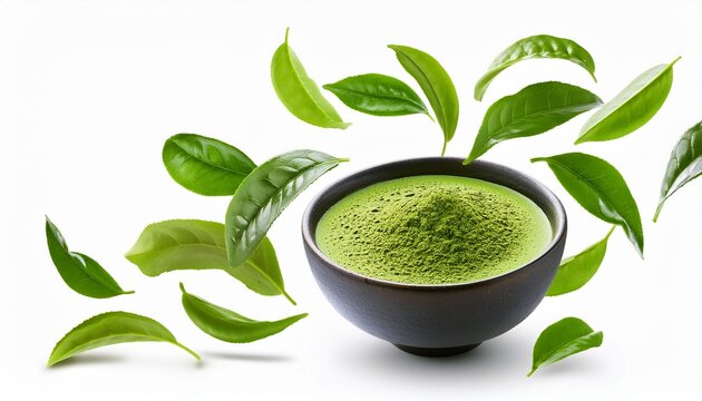 flying falling green tea leaves with matcha bowl isolated on transparent or white background