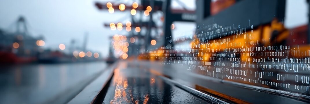 Digitalized Port Terminal with Binary Code Overlay Representing Future Data Transfer and Logistics