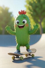 green alien monster cactus on a skateboard