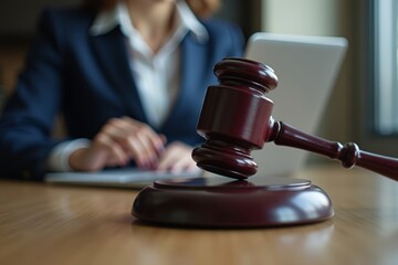 Legal tech and cyber courtrooms: A businesswoman's hand using a laptop with a gavel on the desk in close-up view.