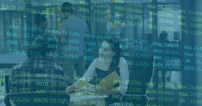 Colleagues discussing stock forecasts at high-top table in office lounge, ticker overlay - Powered by Adobe