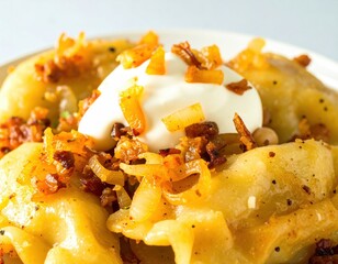 Comfort Food Macro Golden Pierogi with Sour Cream and Crispy Fried Onion Garnish.
