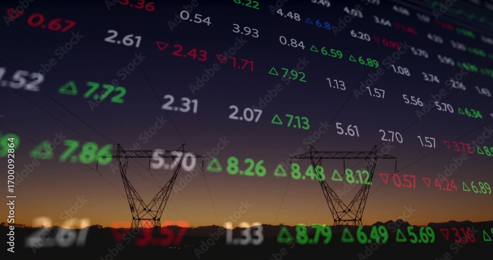 Poster featuring two transmission towers with lines in field at dusk with floating red green stock numbers