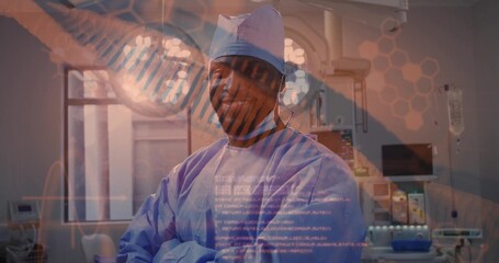 Crossing arms African American surgeon wearing scrubs, cap in OR with DNA helix and code overlay