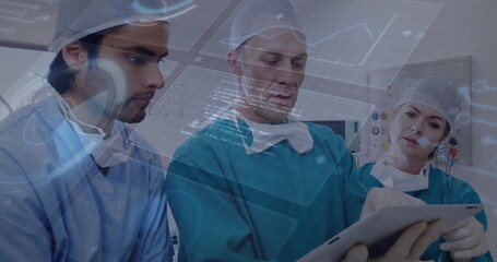 Gathering three surgeons examining tablet projecting holographic data in hospital OR, monitors