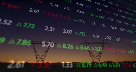 Featuring two transmission towers with lines in field at dusk with floating red green stock numbers