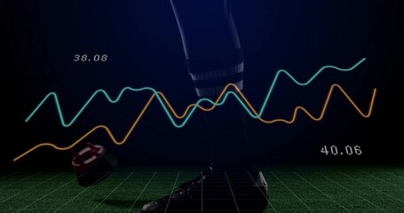Showing athlete leg in striped sock, cleat on green grid floor, with sensor, graphs and metrics
