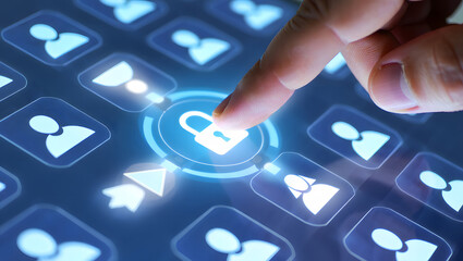 Finger touching a glowing digital padlock icon surrounded by user profile icons on a futuristic interface