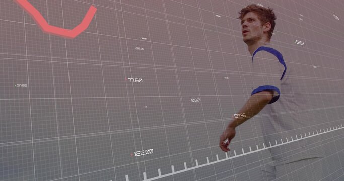 Athlete wearing jersey navigating data interface with grid, stats, axes and trend line, copy space