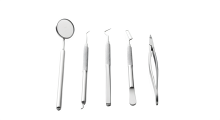 Dental instruments arranged neatly isolated on transparent background, showcasing essential tools for oral hygiene and professional dental care procedures