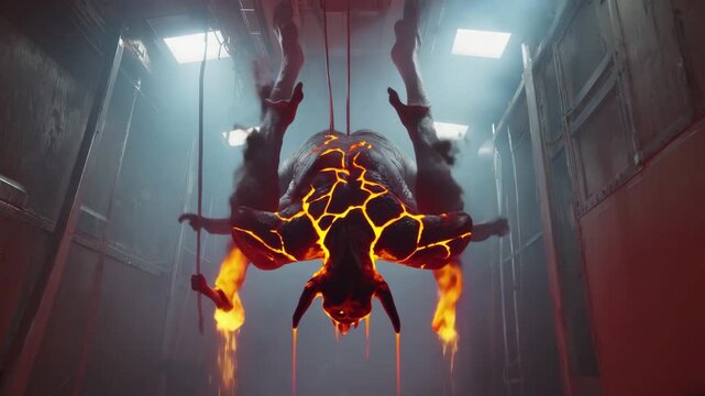 A monstrous demon elongated limbs glowing molten cracks skin crawls spaceship&rsquo;s ceilings body distorts smoky tendrils corridors voices static, Red emergency fog POV to wide cinematic shots