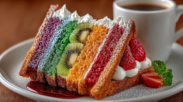 Colorful Rainbow Layer Cake Slice with Fruit and Coffee Ready to Eat