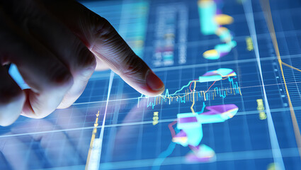 Close up of a finger touching a glowing digital financial stock market chart on a screen