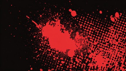 Red splatter-like graphic over a dark background with a halftone pattern overlaying