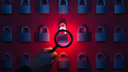 Magnifying glass focused on a single red padlock among many blue padlocks on a red wall