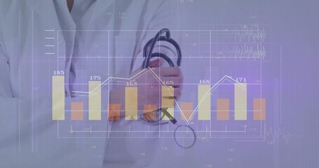 Doctor in lab coat holding stethoscope in digital interface, with chart overlays