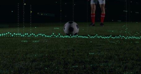 Sitting soccer ball on grass field at night, with green data visualization overlay