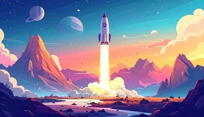 Fototapeta premium A vibrant illustration depicts a rocket launching into space over a colorful landscape of mountains and planets.