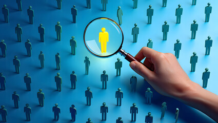 Magnifying glass focuses on a single illuminated person among a crowd of silhouettes