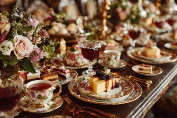A table set for high tea with cakes, tea cups, floral china, and flowers. Use for upscale events, celebrations, or vintage inspired designs.
