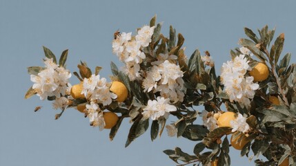 Close-up of lemon blossoms, bees, and lemons on a tree branch under a blue sky