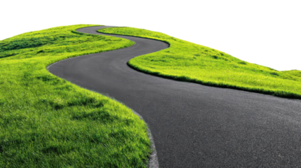 Serpentine asphalt road traversing verdant rolling hills, illustrating journey through scenic landscape with transparent background for travel related imagery